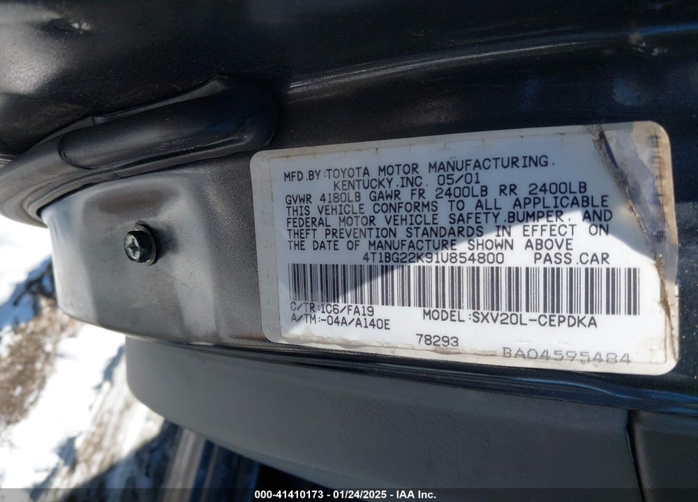 2001 TOYOTA CAMRY CE VIN: 4T1BG22K91U854800