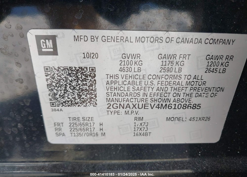 2021 CHEVROLET EQUINOX VIN: 2GNAXUEV4M6108685