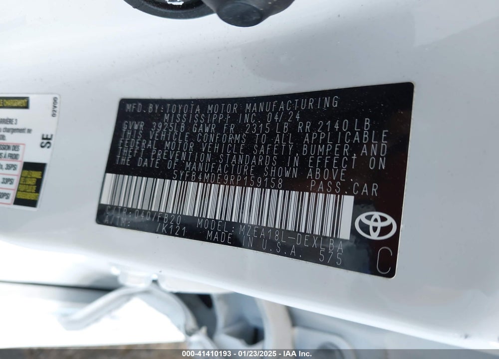2024 TOYOTA COROLLA VIN: 5YFB4MDE9RP159158