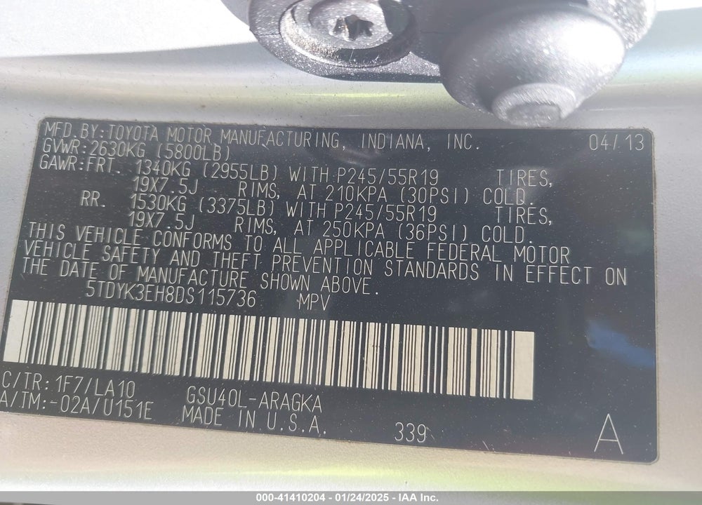 2013 TOYOTA HIGHLANDER LIMITED V6 VIN: 5TDYK3EH8DS115736