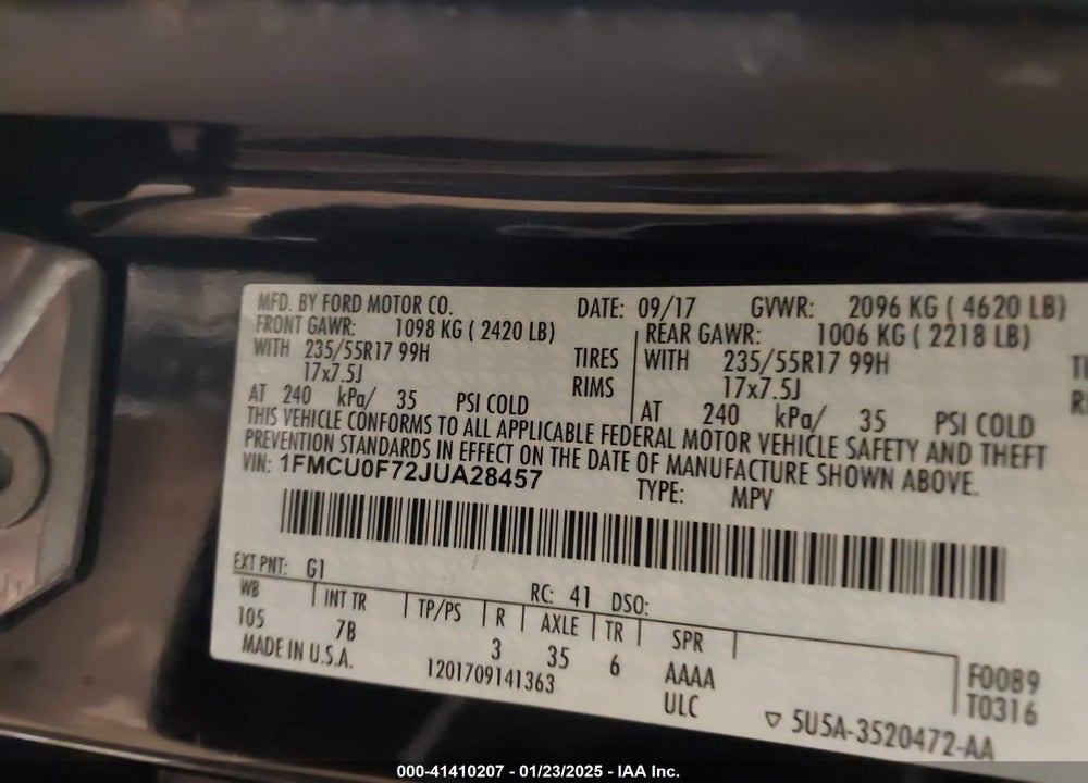 2018 FORD ESCAPE VIN: 1FMCU0F72JUA28457