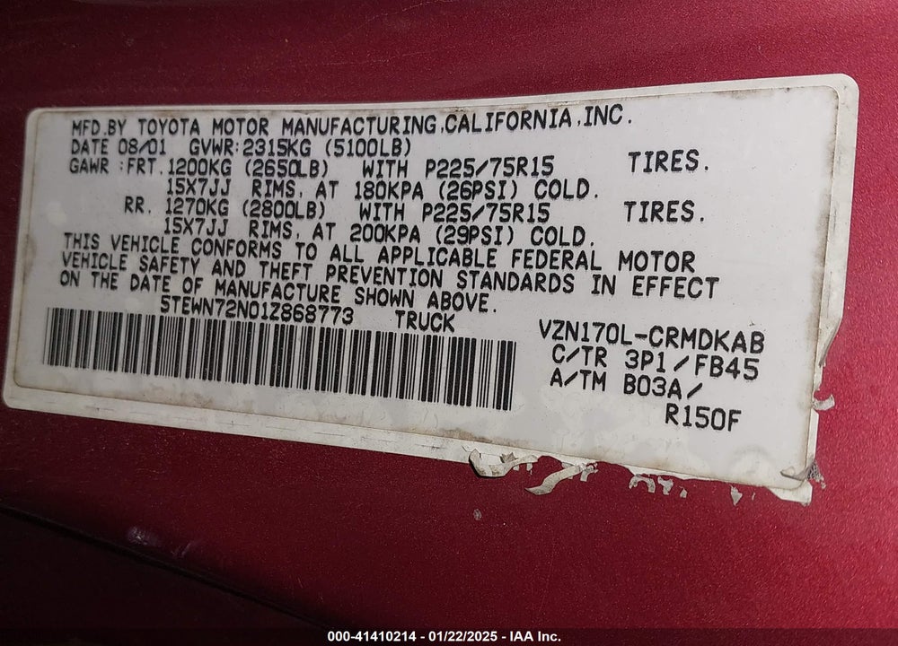 2001 TOYOTA TACOMA BASE V6 VIN: 5TEWN72N01Z868773