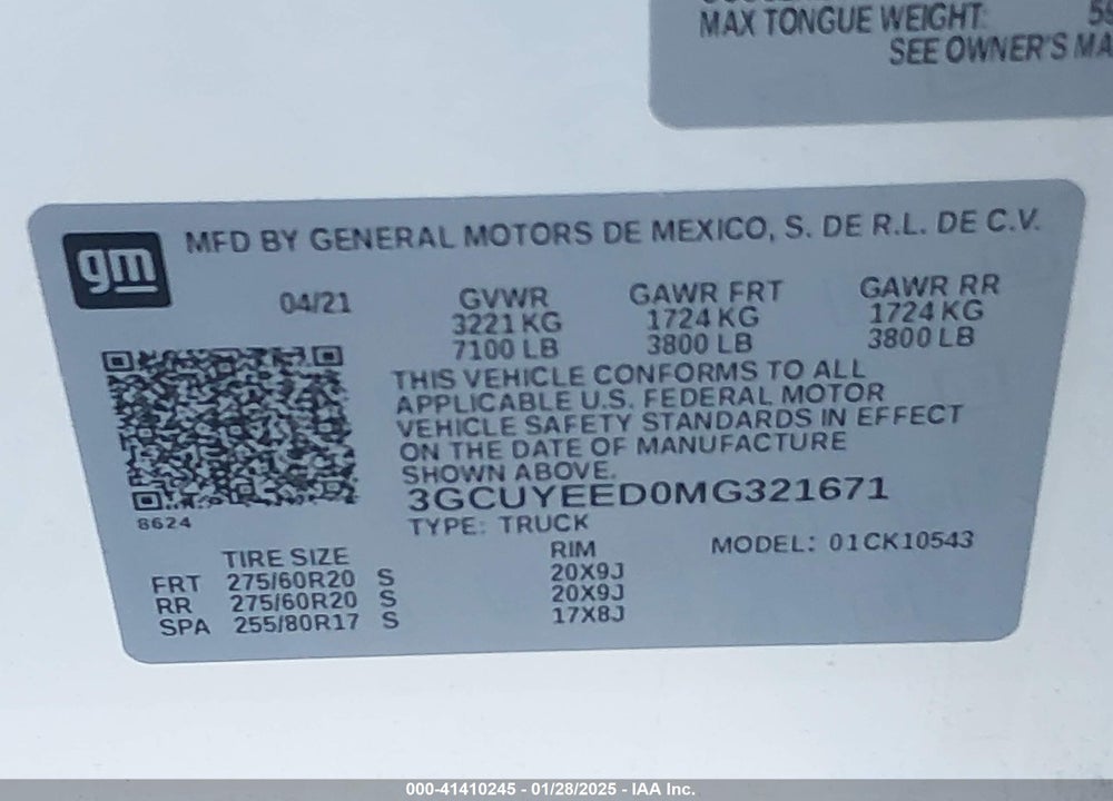 2021 CHEVROLET SILVERADO 1500 VIN: 3GCUYEED0MG321671