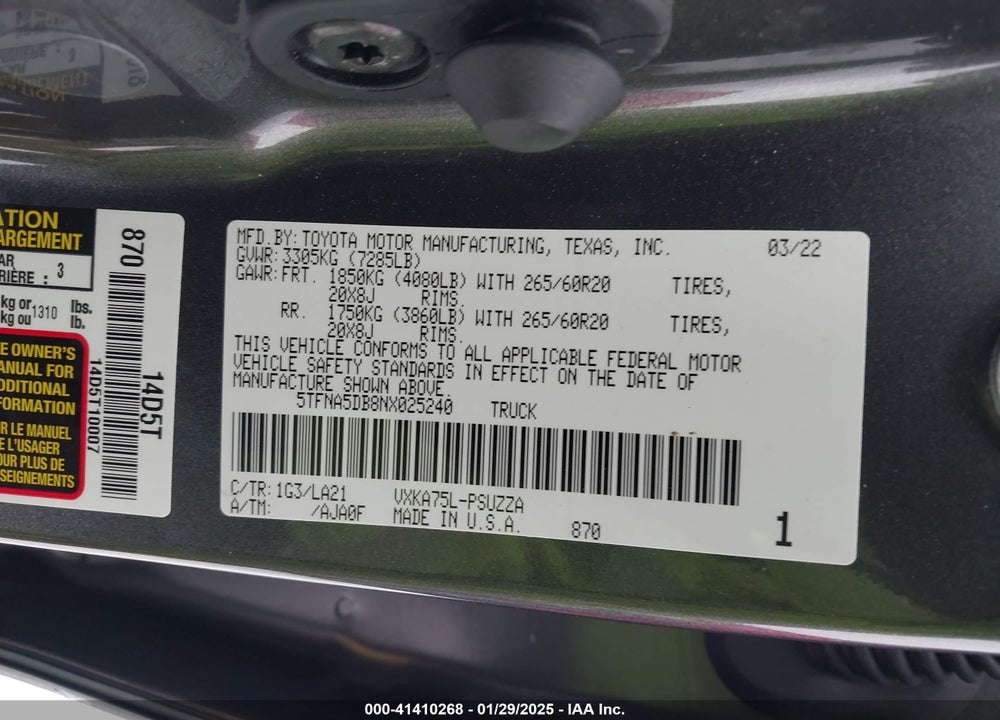 2022 TOYOTA TUNDRA PLATINUM VIN: 5TFNA5DB8NX025240