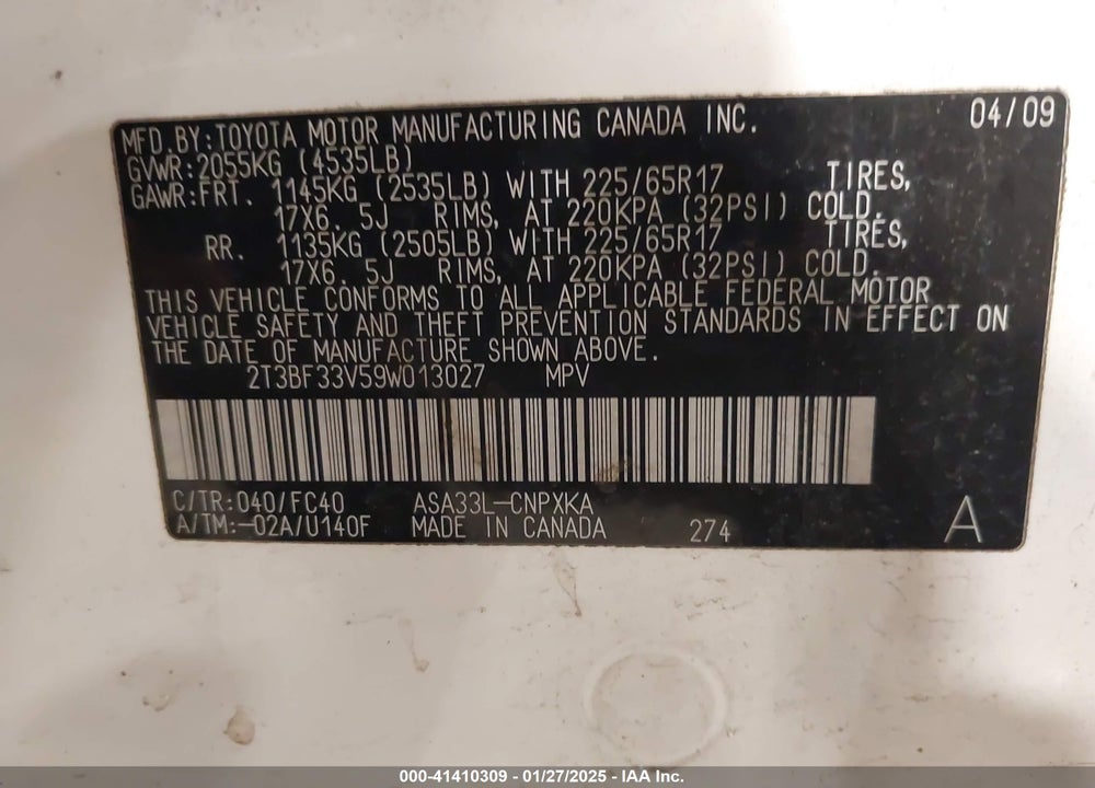2009 TOYOTA RAV4 VIN: 2T3BF33V59W013027