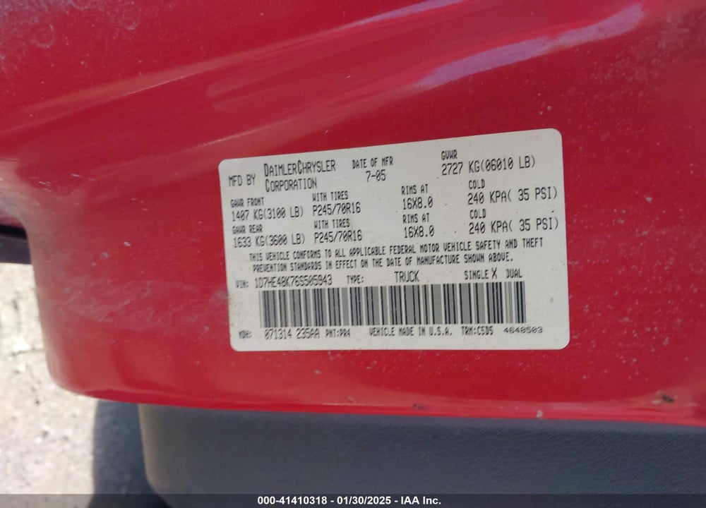 2006 DODGE DAKOTA VIN: 1D7HE48K76S505943