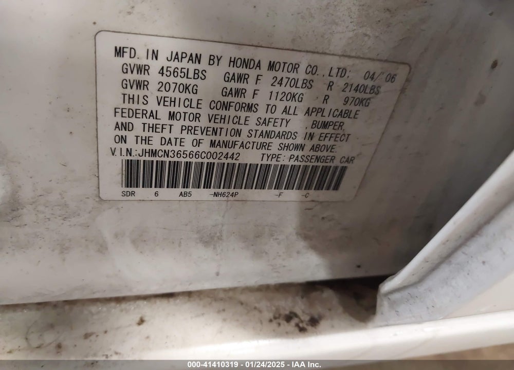 2006 HONDA ACCORD VIN: JHMCN36566C002442