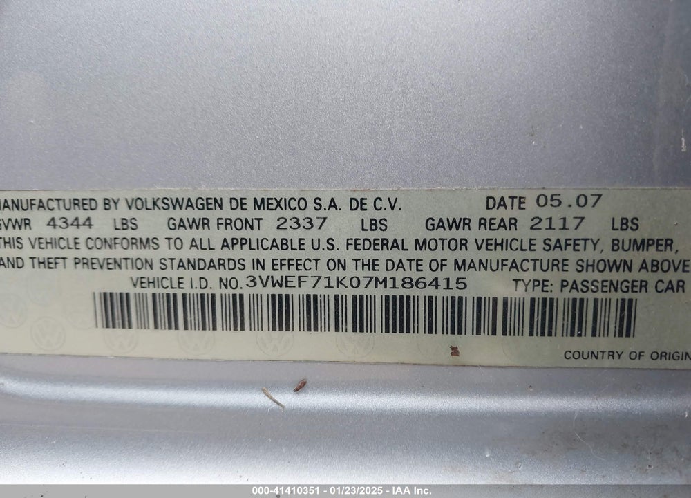 2007 VOLKSWAGEN JETTA WOLFSBURG EDITION VIN: 3VWEF71K07M186415
