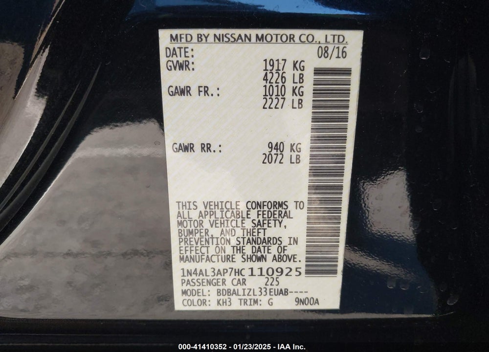 2017 NISSAN ALTIMA VIN: 1N4AL3AP7HC110925