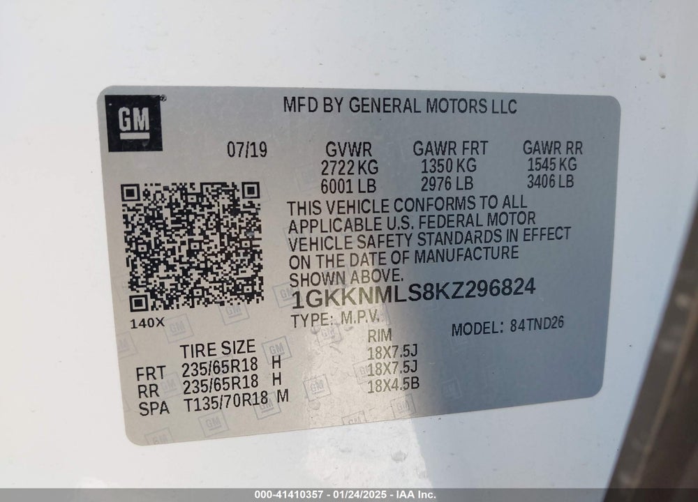 2019 GMC ACADIA SLT-1 VIN: 1GKKNMLS8KZ296824