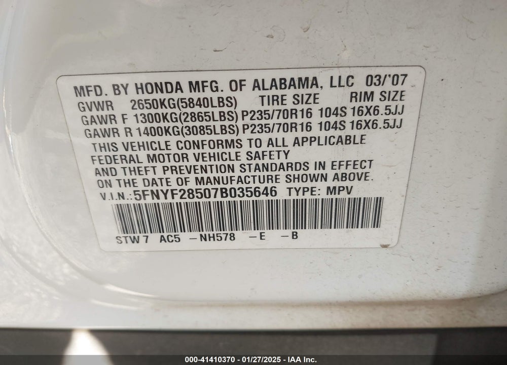 2007 HONDA PILOT EX-L VIN: 5FNYF28507B035646