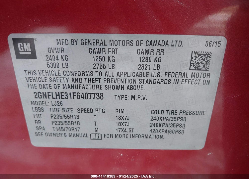 2015 CHEVROLET EQUINOX LTZ VIN: 2GNFLHE31F6407738