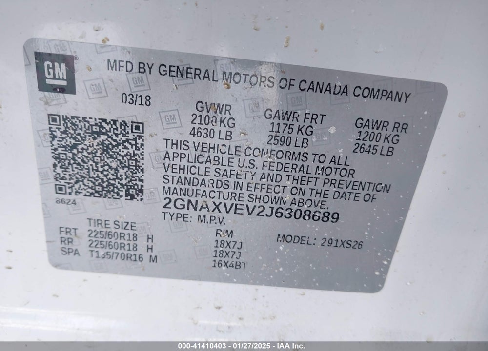 2018 CHEVROLET EQUINOX PREMIER VIN: 2GNAXVEV2J6308689
