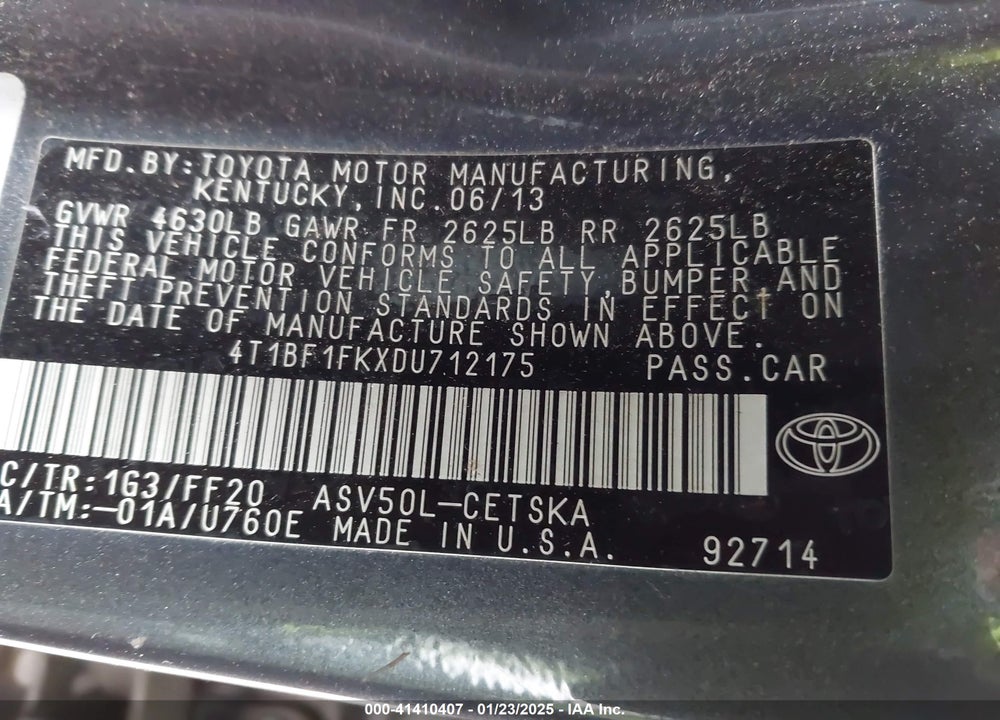 2013 TOYOTA CAMRY VIN: 4T1BF1FKXDU712175