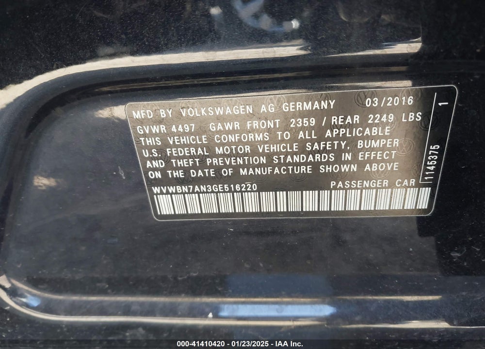 2016 VOLKSWAGEN CC VIN: WVWBN7AN3GE516220