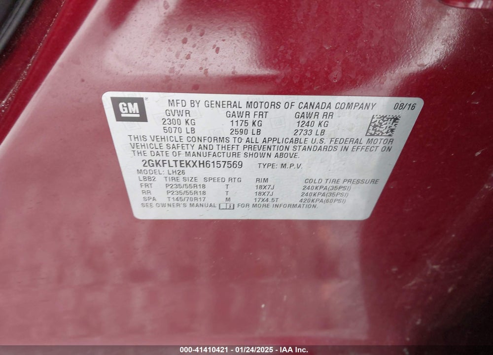 2017 GMC TERRAIN SLE-2 VIN: 2GKFLTEKXH6157569