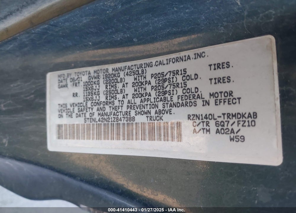 2001 TOYOTA TACOMA VIN: 5TENL42N21Z847388
