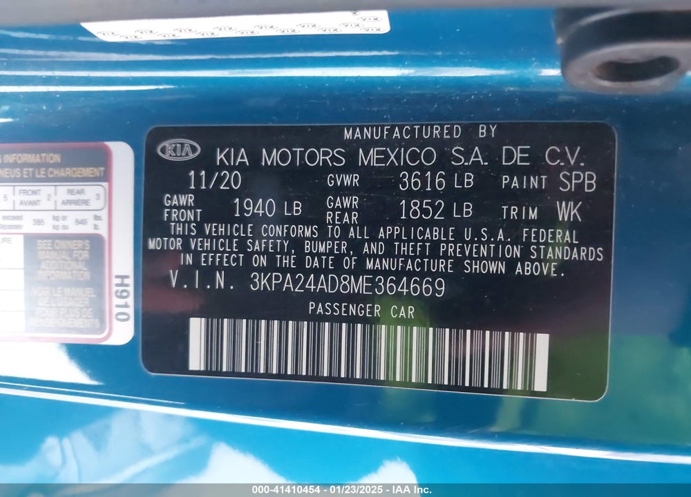 2021 KIA RIO VIN: 3KPA24AD8ME364669
