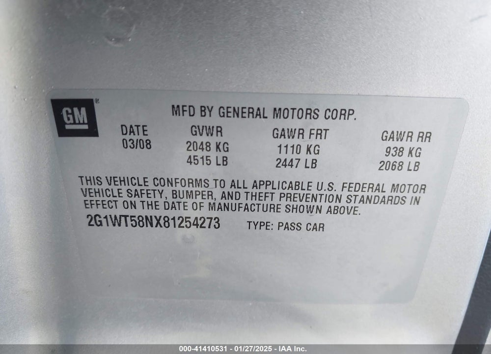 2008 CHEVROLET IMPALA LT VIN: 2G1WT58NX81254273