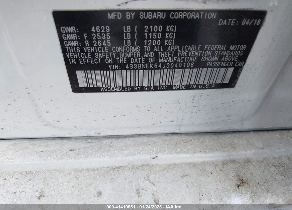 2018 SUBARU LEGACY VIN: 4S3BNEK64J3040106