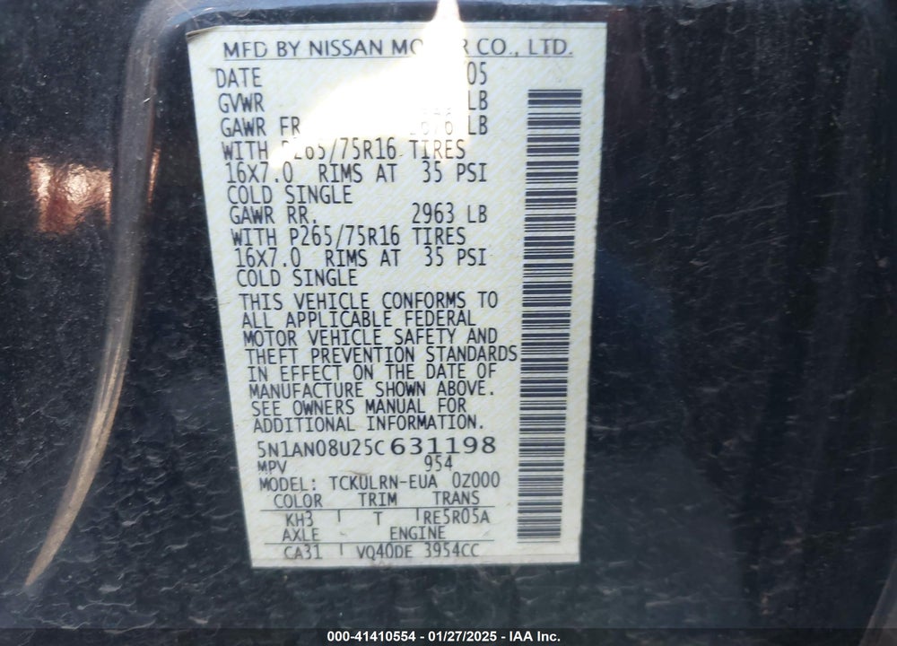 2005 NISSAN XTERRA OFF ROAD VIN: 5N1AN08U25C631198