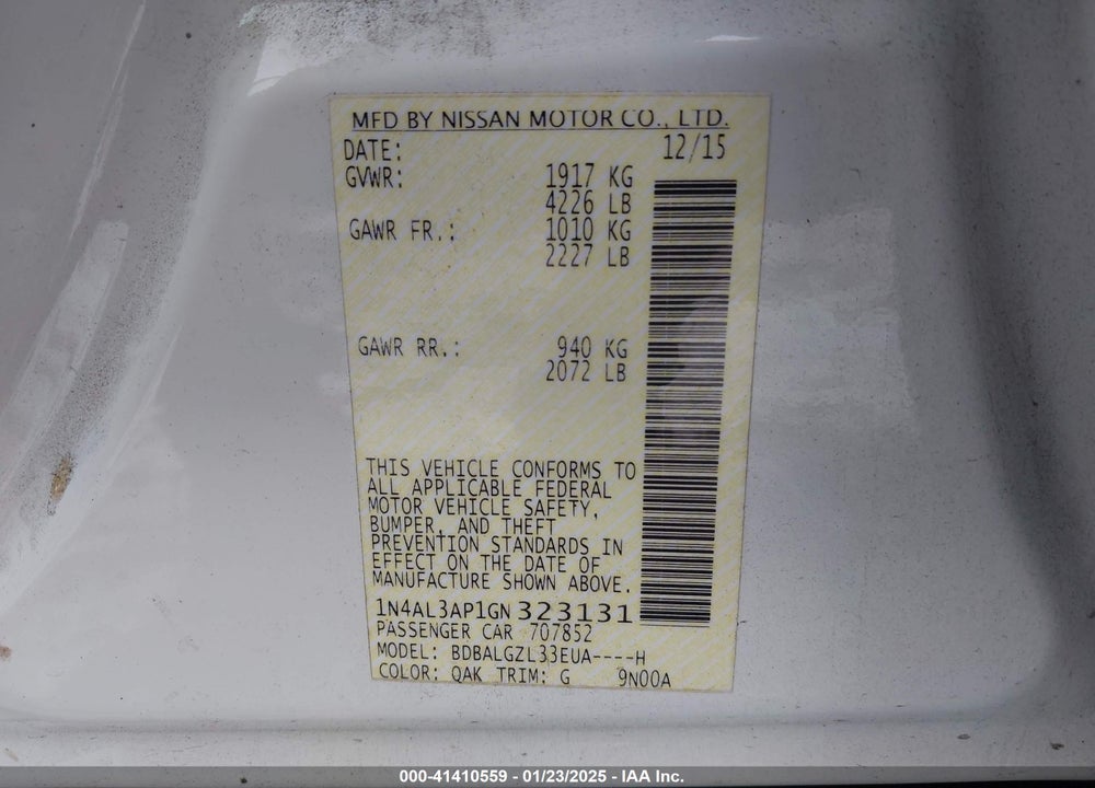 2016 NISSAN ALTIMA 2.5 S VIN: 1N4AL3AP1GN323131