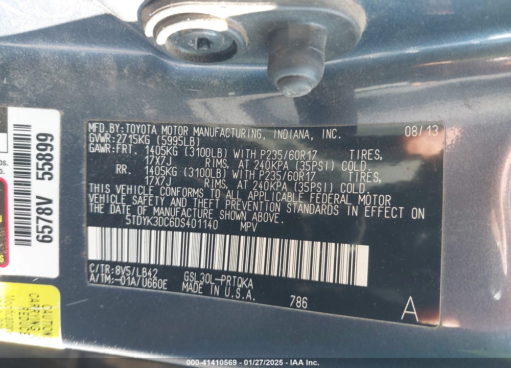 2013 TOYOTA SIENNA XLE V6 8 PASSENGER VIN: 5TDYK3DC6DS401140