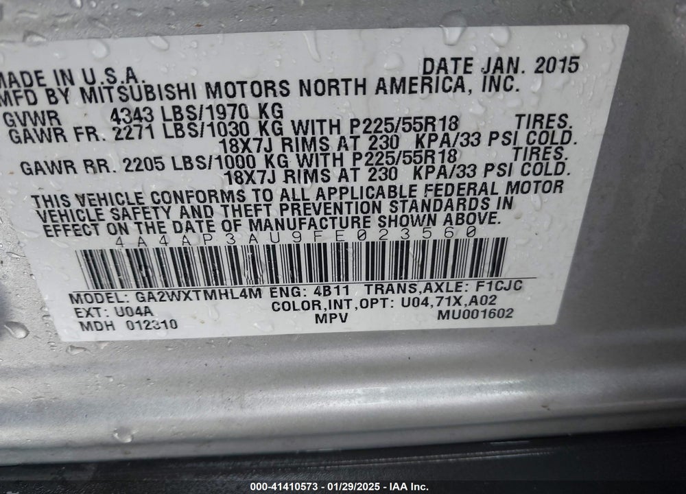 2015 MITSUBISHI OUTLANDER SPORT ES VIN: 4A4AP3AU9FE023560