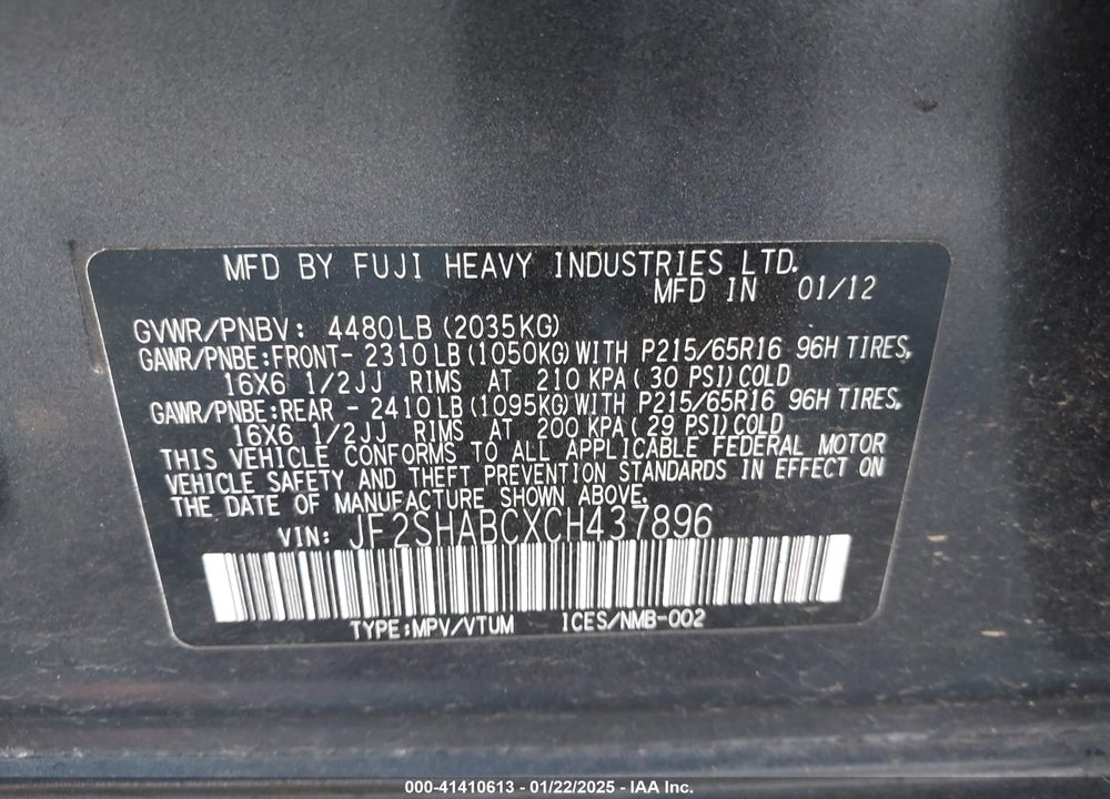 2012 SUBARU FORESTER 2.5X VIN: JF2SHABCXCH437896
