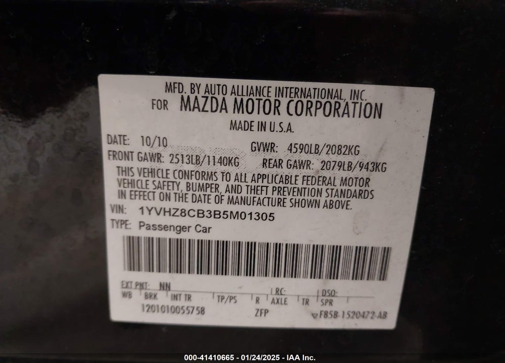 2011 MAZDA MAZDA6 VIN: 1YVHZ8CB3B5M01305