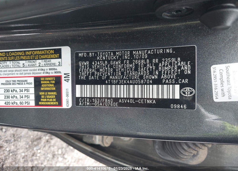 2010 TOYOTA CAMRY LE VIN: 4T1BF3EK4AU058704
