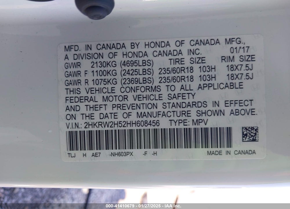 2017 HONDA CR-V EX VIN: 2HKRW2H52HH608456