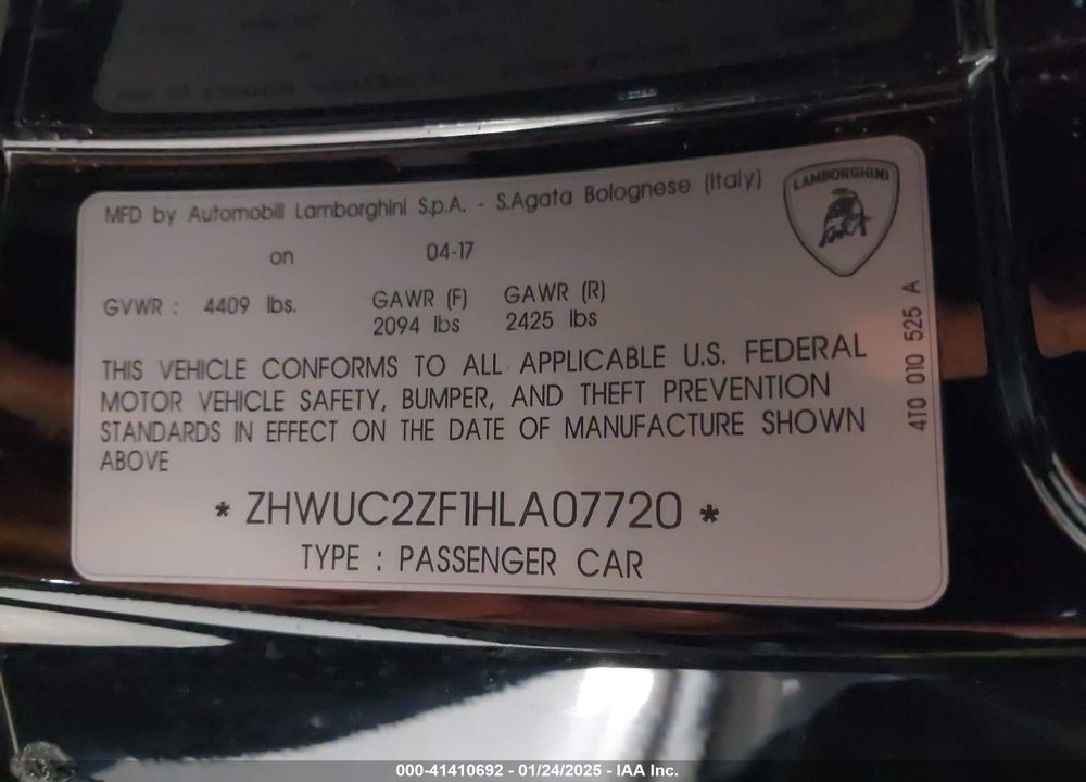 2017 LAMBORGHINI HURACAN LP580-2 VIN: ZHWUC2ZF1HLA07720