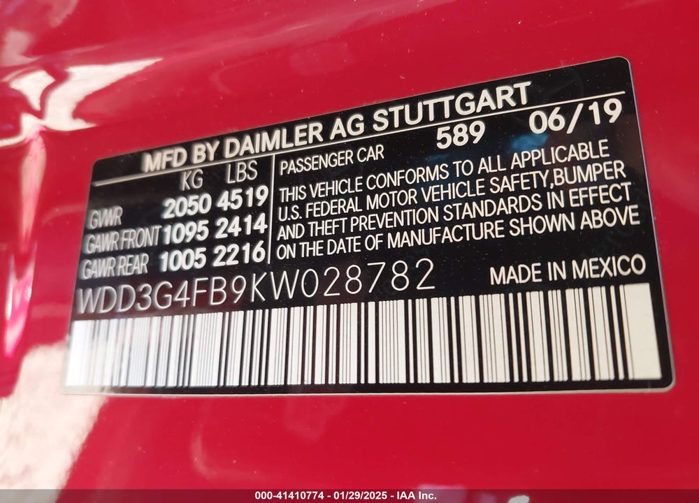 2019 MERCEDES-BENZ A 220 VIN: WDD3G4FB9KW028782