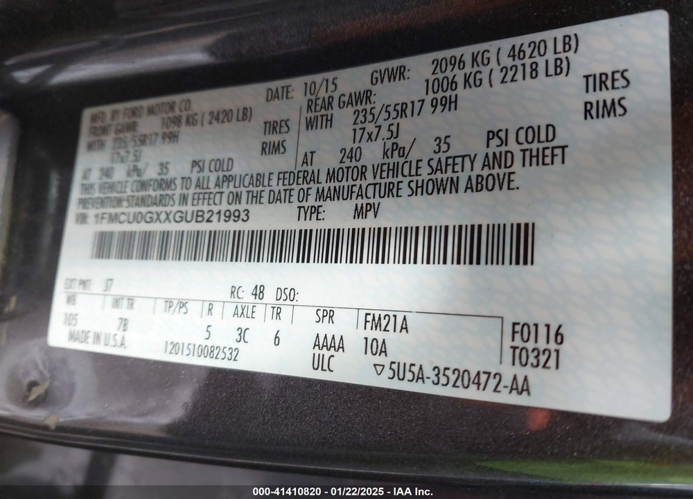 2016 FORD ESCAPE SE VIN: 1FMCU0GXXGUB21993