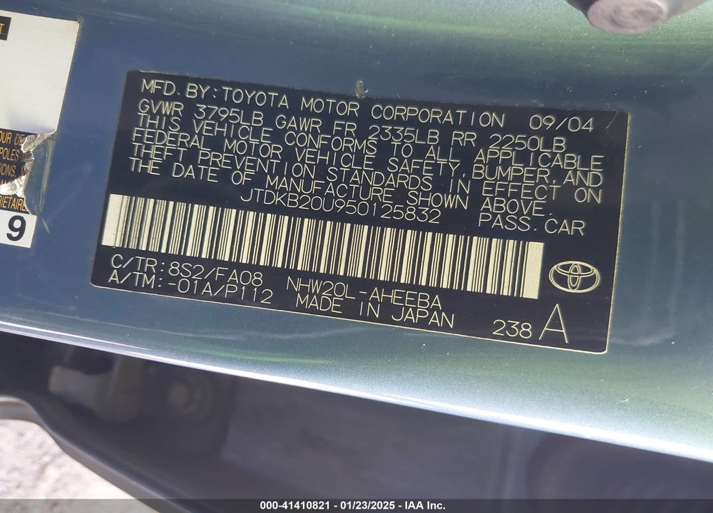 2005 TOYOTA PRIUS VIN: JTDKB20U950125832