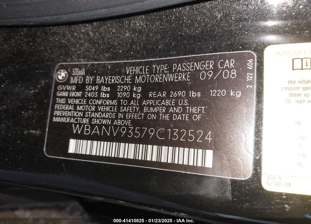 2009 BMW 5 SERIES VIN: WBANV93579C132524
