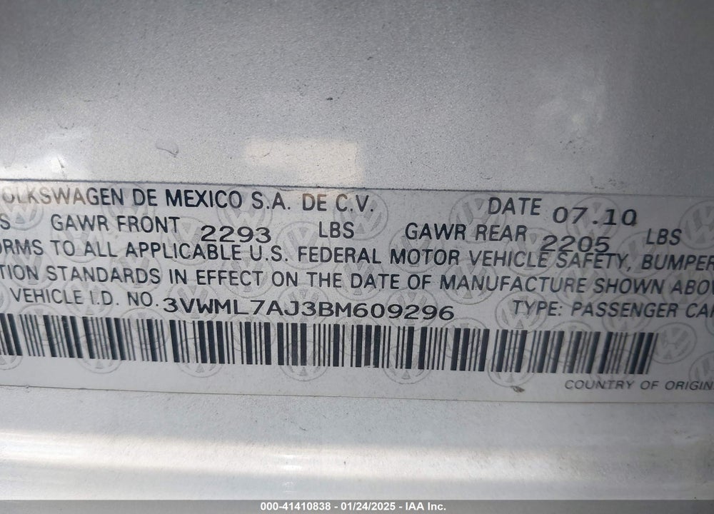2011 VOLKSWAGEN JETTA SPORTWAGEN 2.0L TDI VIN: 3VWML7AJ3BM609296