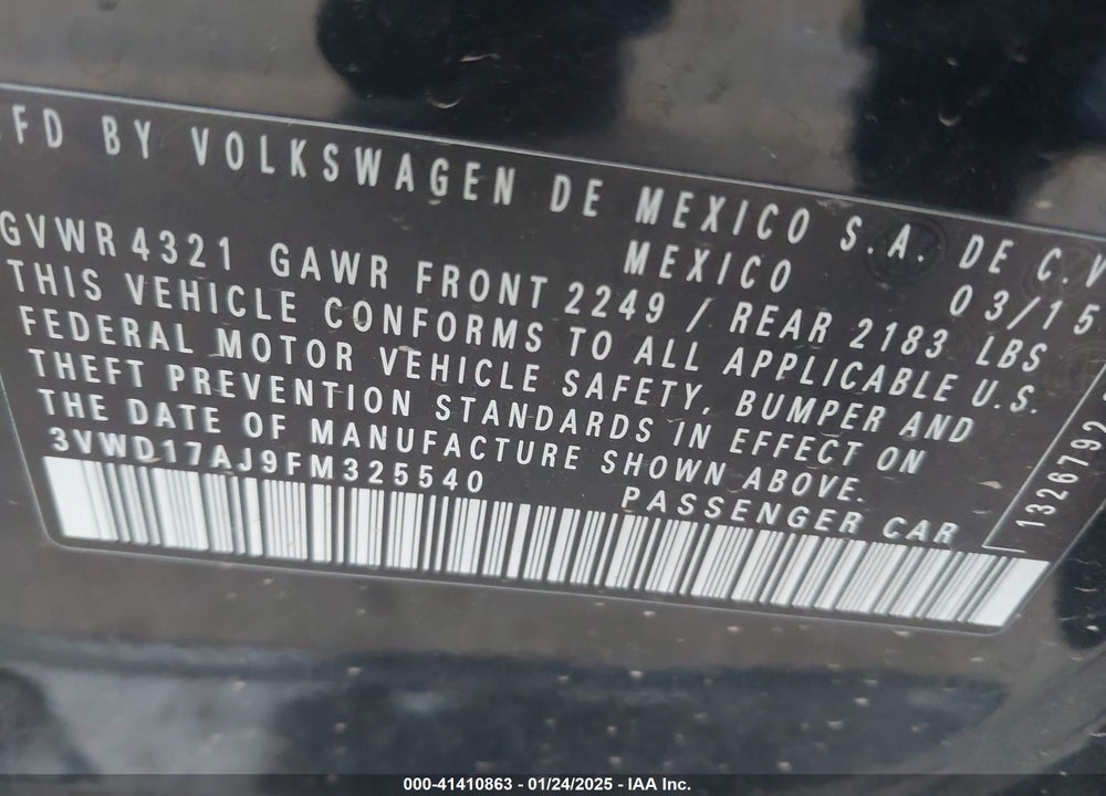 2015 VOLKSWAGEN JETTA VIN: 3VWD17AJ9FM325540