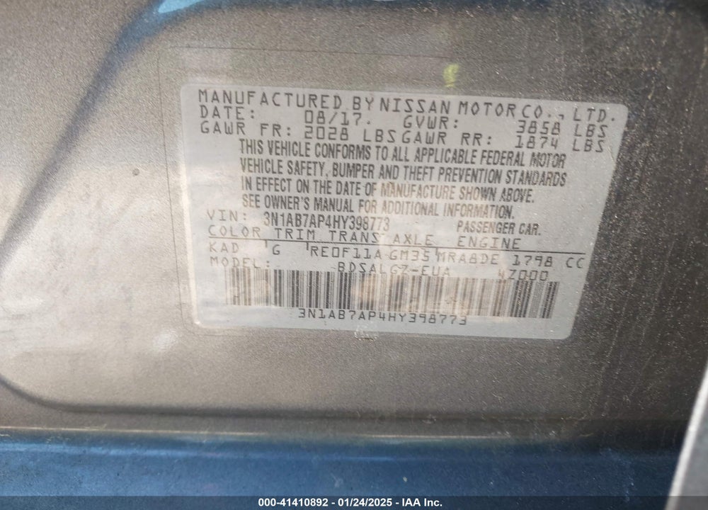 2017 NISSAN SENTRA VIN: 3N1AB7AP4HY398773