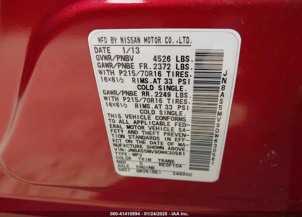 2013 NISSAN ROGUE S VIN: JN8AS5MV9DW630561