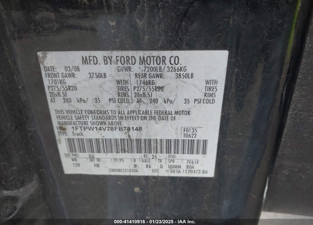 2008 FORD F-150 60TH ANNIVERSARY/FX4/KING RANCH/LARIAT/XLT VIN: 1FTPW14V78FB78148