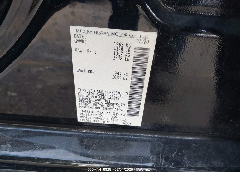 2020 NISSAN ALTIMA VIN: 1N4BL4BV5LC258653