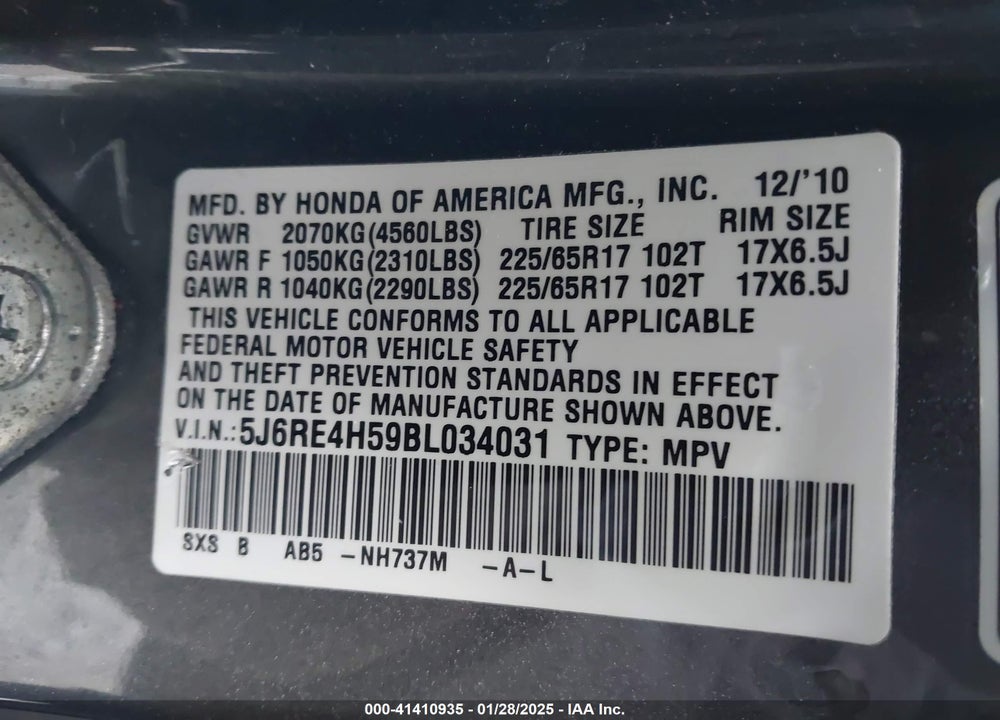 2011 HONDA CR-V EX VIN: 5J6RE4H59BL034031