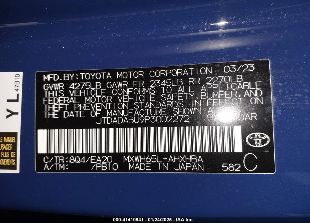 2023 TOYOTA PRIUS VIN: JTDADABU9P3002272