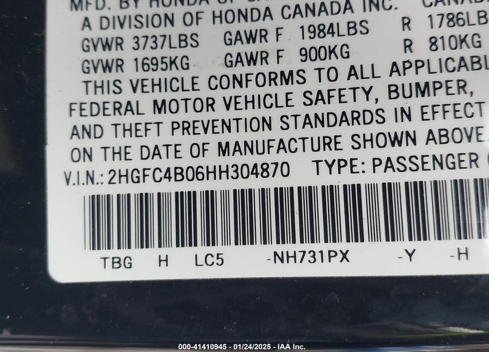 2017 HONDA CIVIC VIN: 2HGFC4B06HH304870