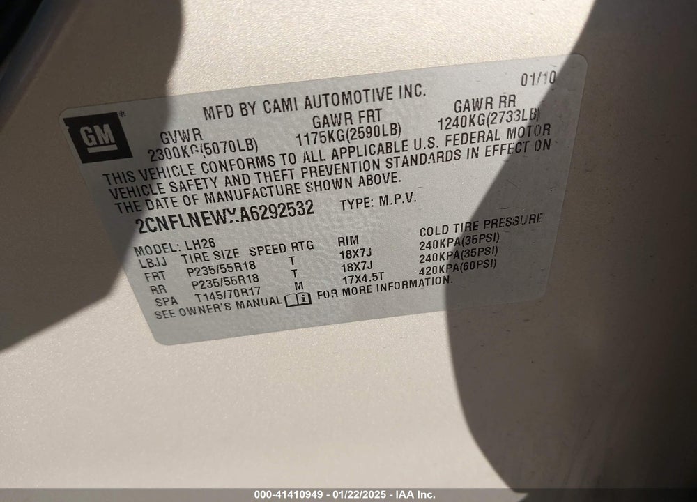 2010 CHEVROLET EQUINOX LT VIN: 2CNFLNEWXA6292532