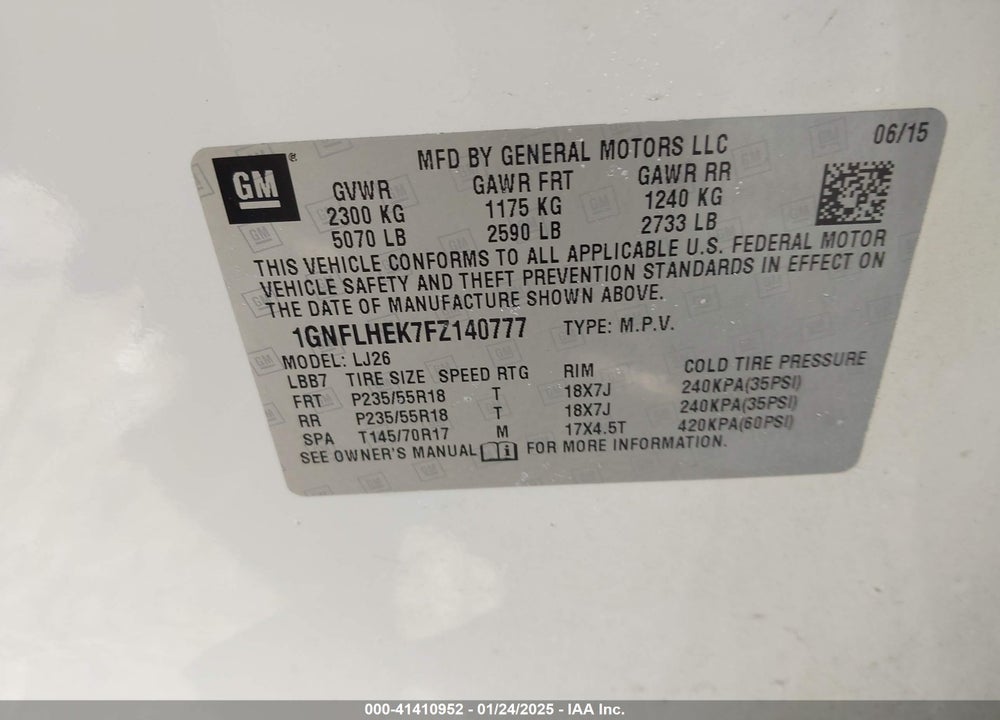 2015 CHEVROLET EQUINOX LTZ VIN: 1GNFLHEK7FZ140777