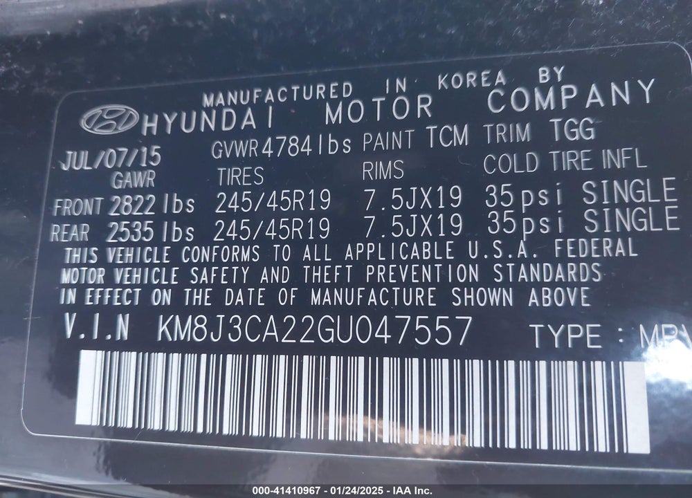 2016 HYUNDAI TUCSON SPORT VIN: KM8J3CA22GU047557
