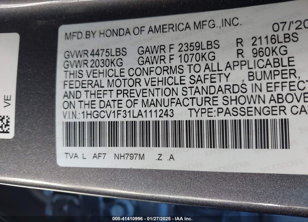 2020 HONDA ACCORD VIN: 1HGCV1F31LA111243